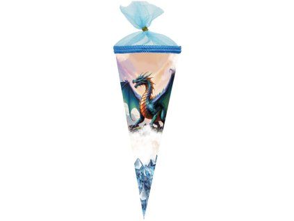 Školní kornout Crystal Dragon 35 cm modrý s tylovým lemem, s motivem draka, pro kluky i holky