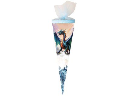 Školní kornout Crystal Dragon 50 cm modrý s tylovým lemem, motiv draka, vhodný pro kluky i holky na první školní den