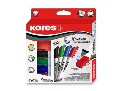 Popisovače na tabuli Kores Whiteboard set 4 barvy + magnetická houbička